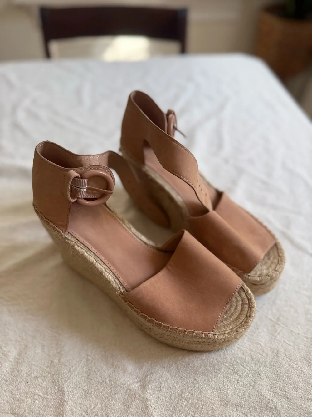 Tan Espadrille Wedge Sandals with Ankle Tie